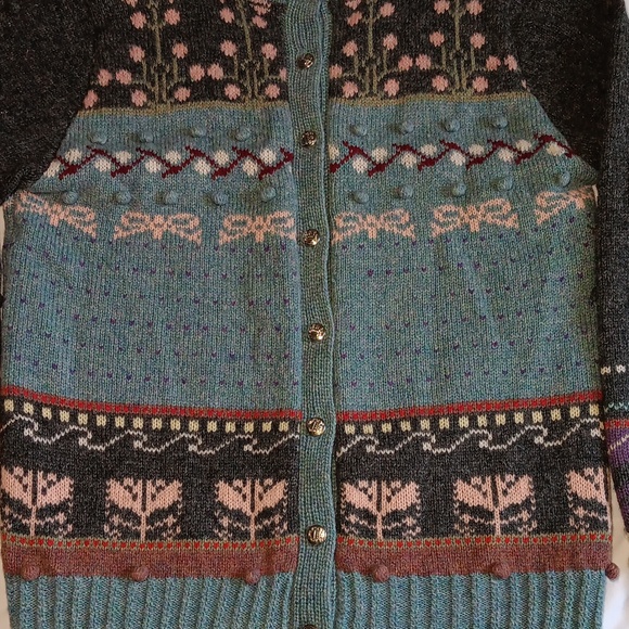 Vintage Womens 100% Scottish Shetland Wool Cottage Core Floral Bow Cardigan - Picture 2 of 8